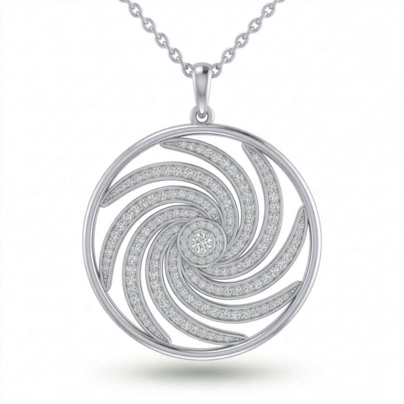 White Gold Spiral Swirl Pavé Diamond Round Pendant Necklace