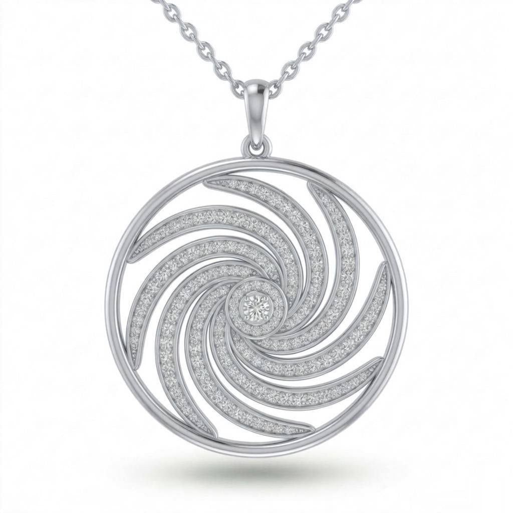 White Gold Spiral Swirl Pavé Diamond Round Pendant Necklace