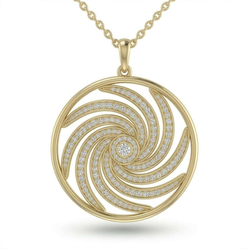 Yellow Gold Spiral Swirl Pavé Diamond Round Pendant Necklace
