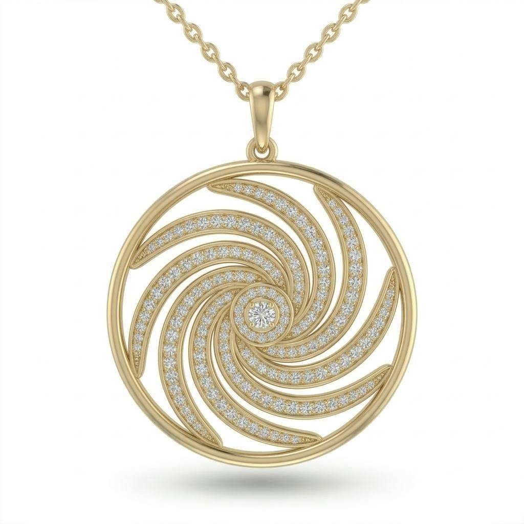 Yellow Gold Spiral Swirl Pavé Diamond Round Pendant Necklace