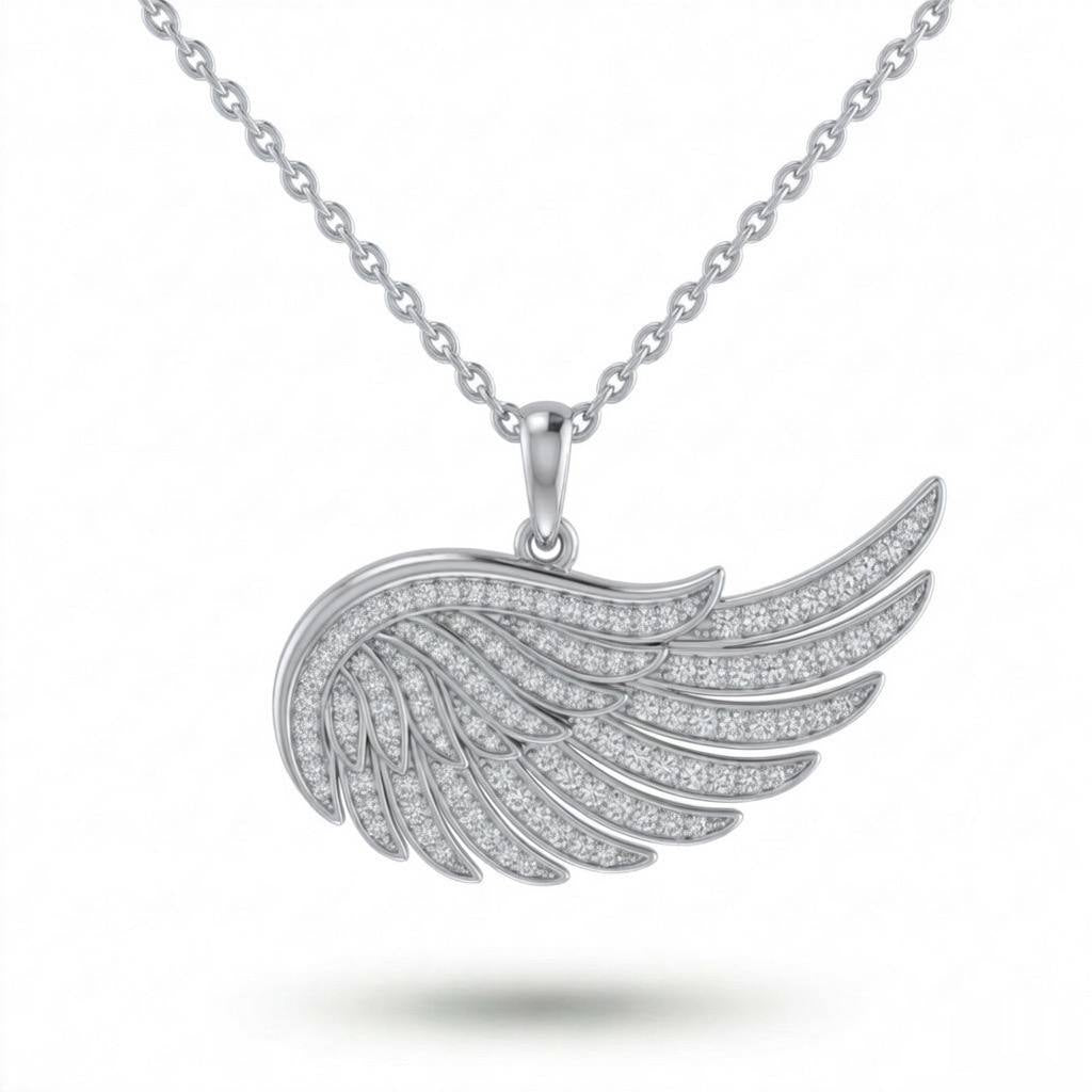 Silver Angel Wing Pavé Diamond Pendant Necklace