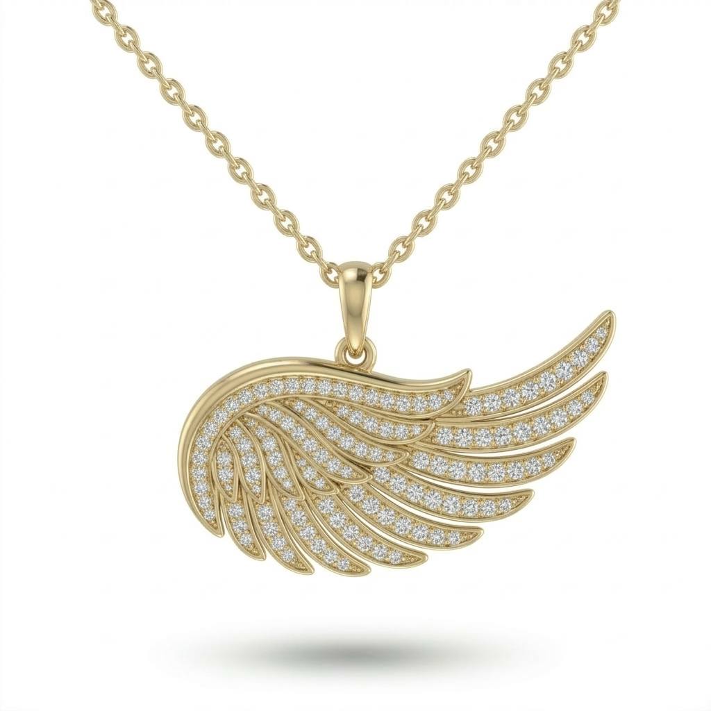 Yellow Gold Angel Wing Pavé Diamond Pendant Necklace