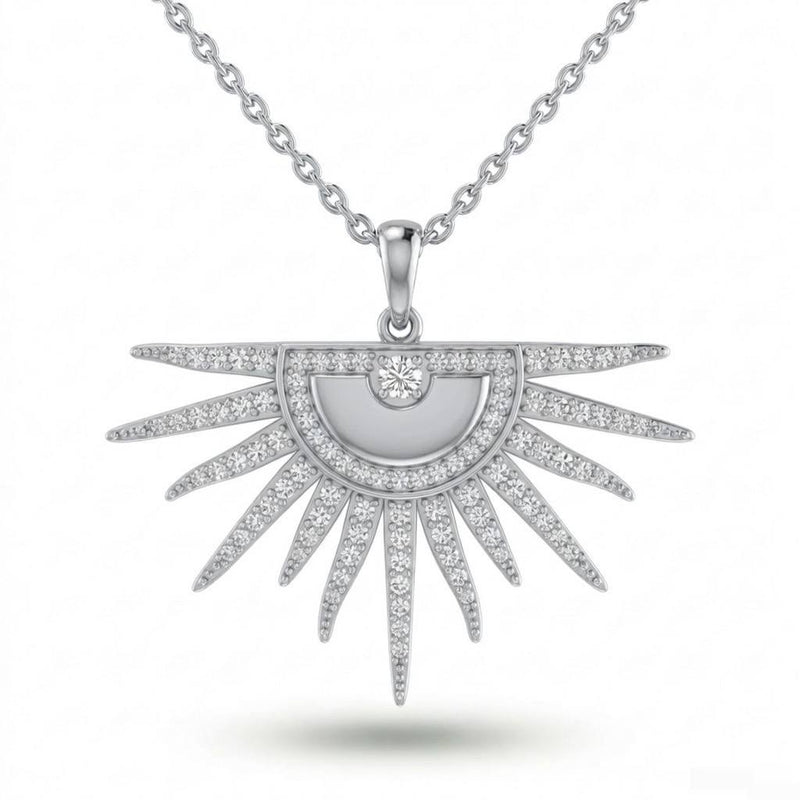 White Gold Radiant Sunburst Pavé Diamond Pendant Necklace