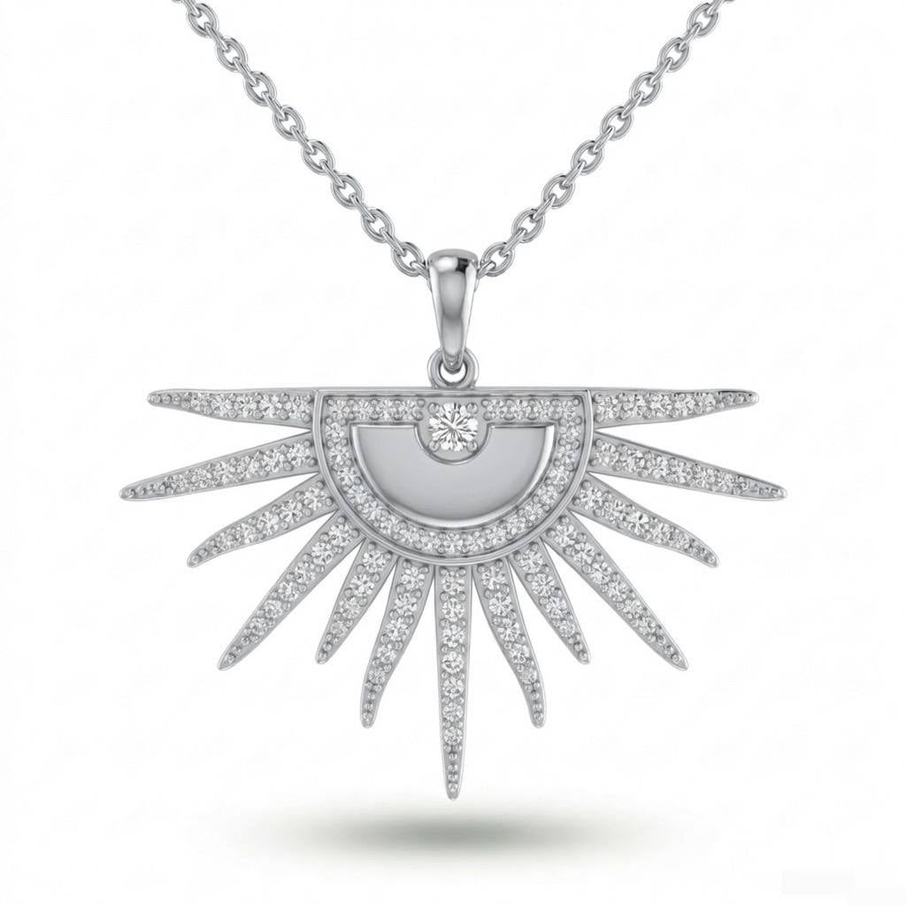 White Gold Radiant Sunburst Pavé Diamond Pendant Necklace
