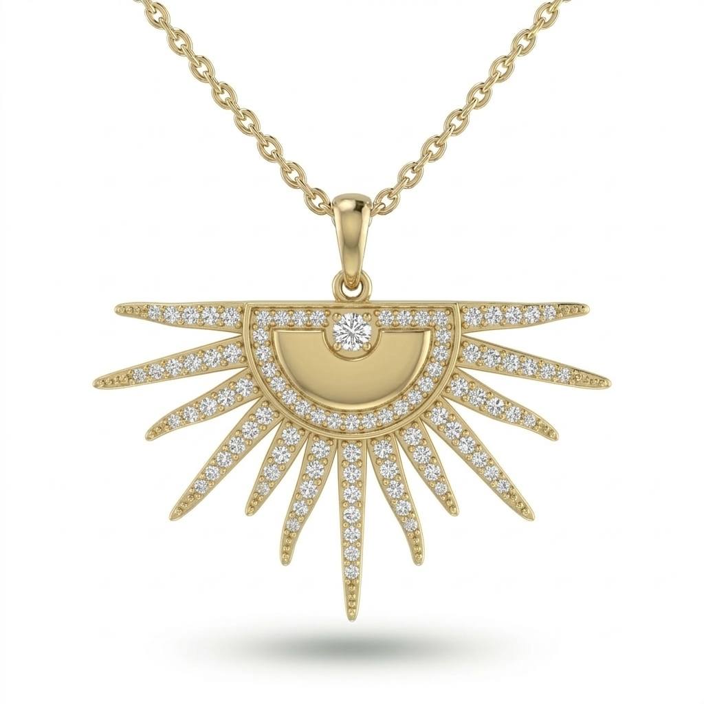 Yellow Gold Radiant Sunburst Pavé Diamond Pendant Necklace
