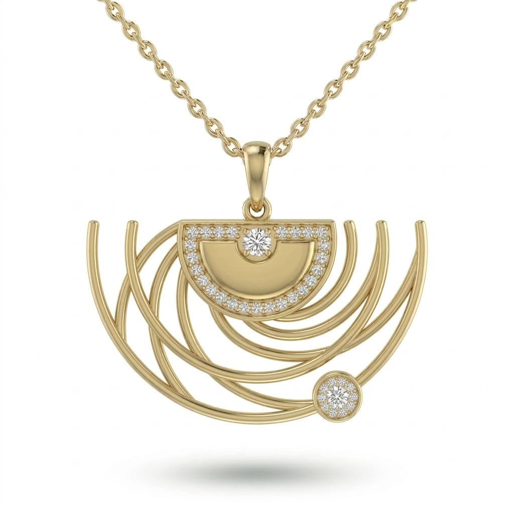 Yellow Gold Abstract Arc Flow Pavé Diamond Pendant Necklace