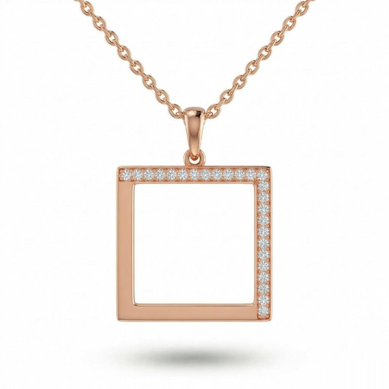 Rose Gold Minimal Square Frame Pavé Diamond Pendant Necklace