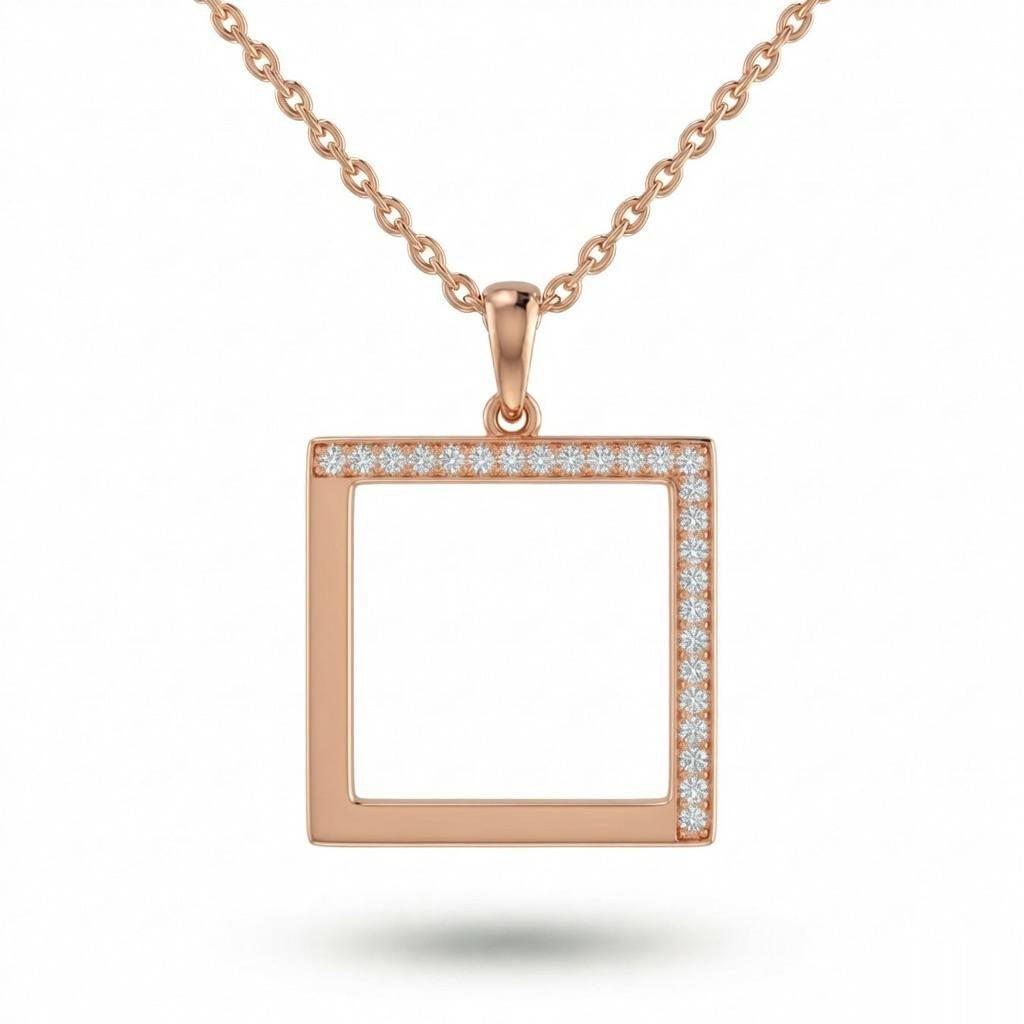 Rose Gold Minimal Square Frame Pavé Diamond Pendant Necklace