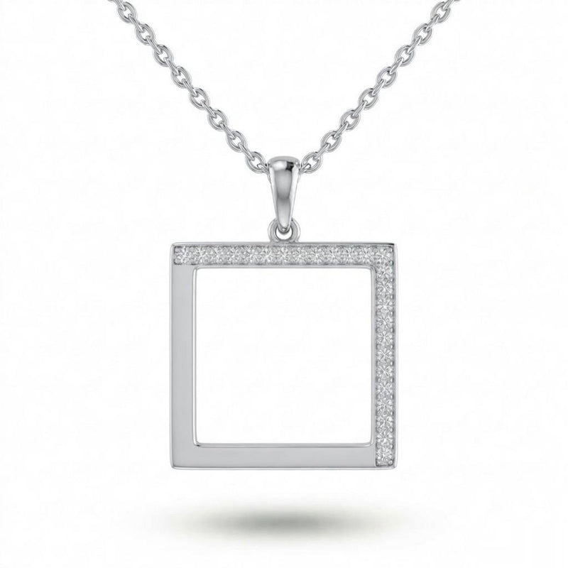 Silver Minimal Square Frame Pavé Diamond Pendant Necklace