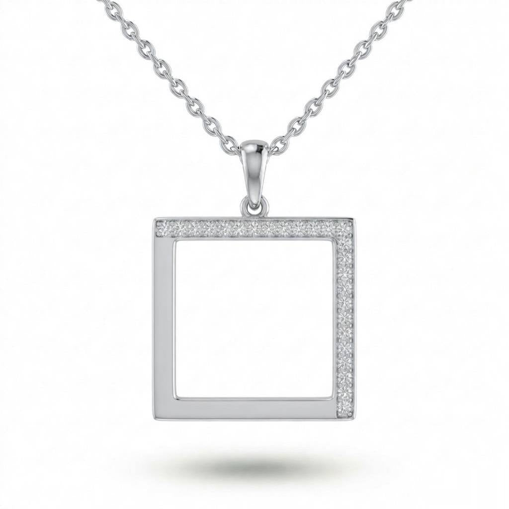 Silver Minimal Square Frame Pavé Diamond Pendant Necklace