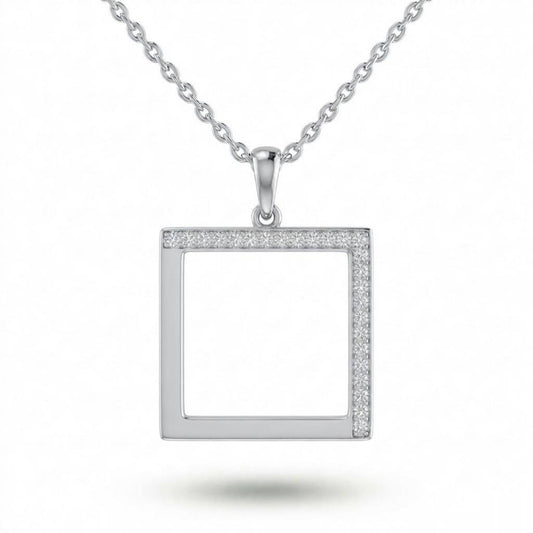 Silver Minimal Square Frame Pavé Diamond Pendant Necklace