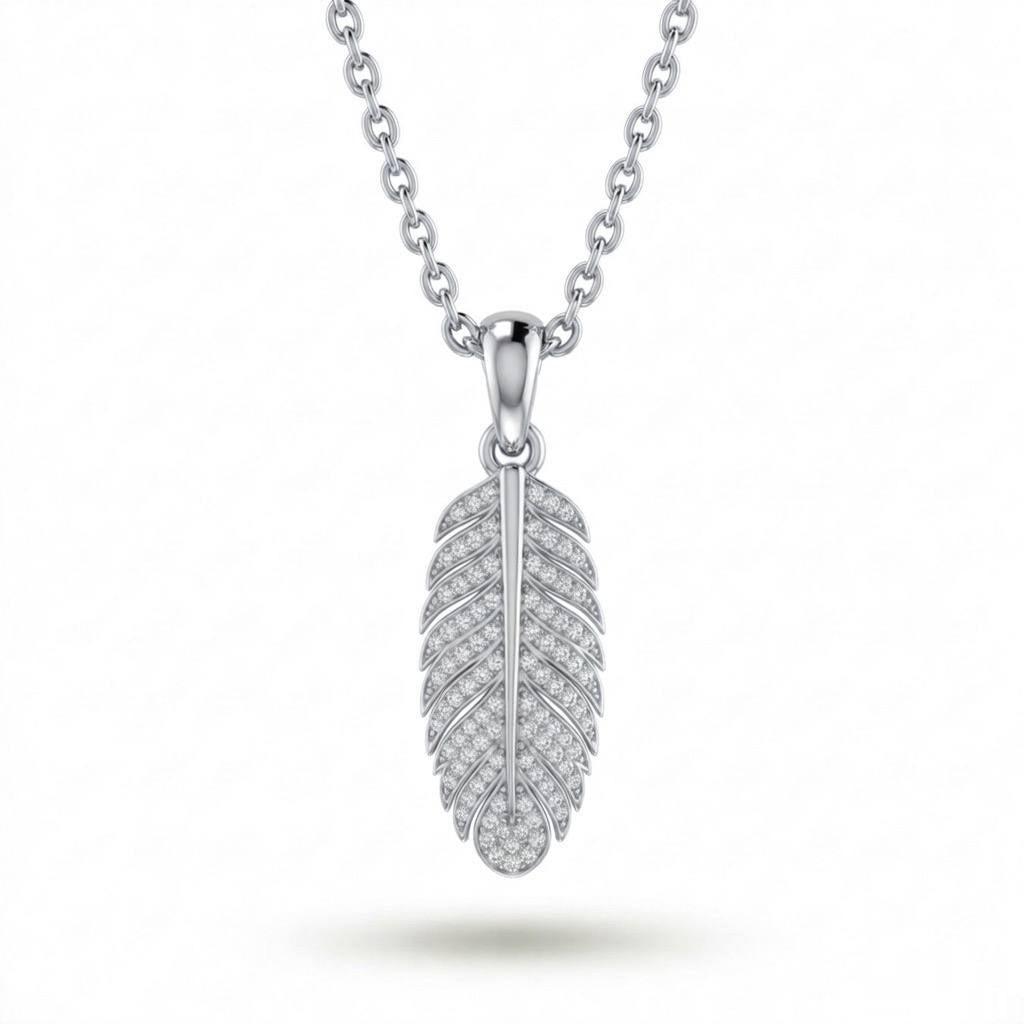 White Gold Feather Pavé Diamond Pendant Necklace