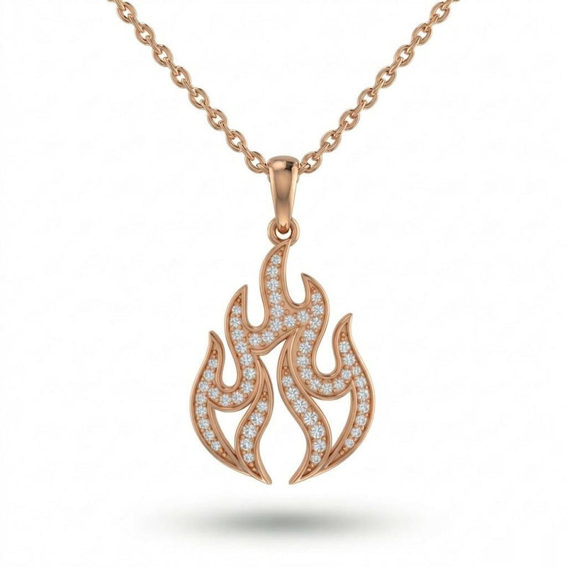 Rose Gold Round Brilliant Ignira Diamond Flame Pendant Necklace With Pavé Setting