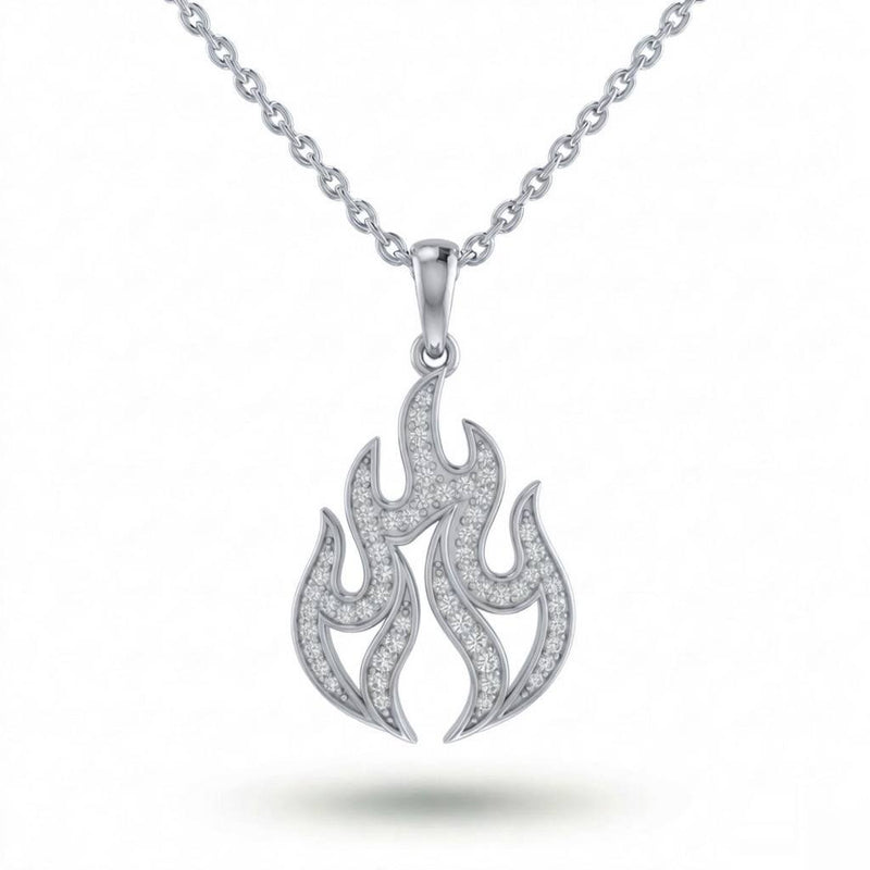 White Gold Round Brilliant Ignira Diamond Flame Pendant Necklace With Pavé Setting