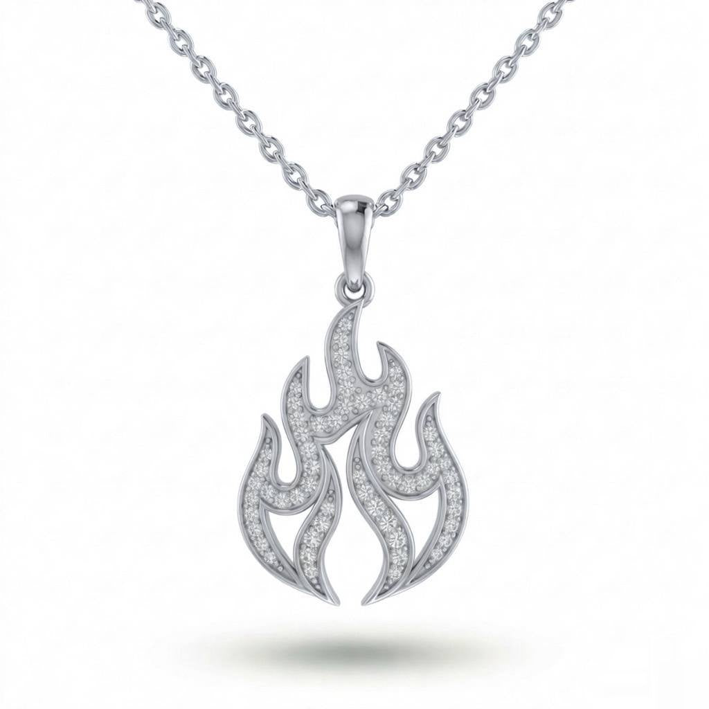 Silver Round Brilliant Ignira Diamond Flame Pendant Necklace With Pavé Setting