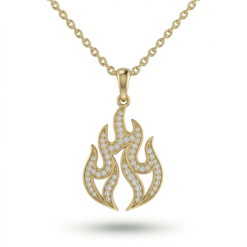 Yellow Gold Round Brilliant Ignira Diamond Flame Pendant Necklace With Pavé Setting