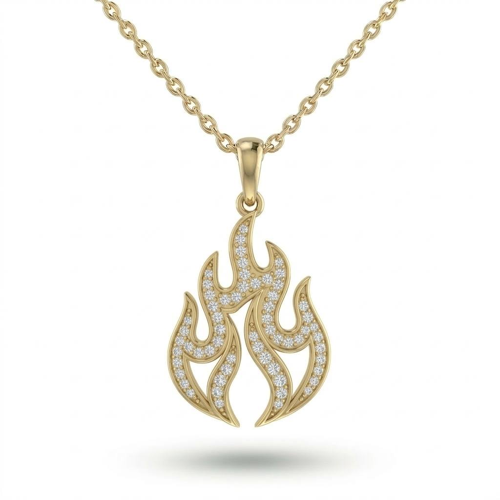 Yellow Gold Round Brilliant Ignira Diamond Flame Pendant Necklace With Pavé Setting