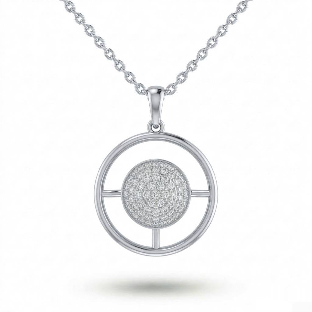 White Gold Round Brilliant Orbixa Diamond Halo Disc Pendant Necklace With Pavé Setting