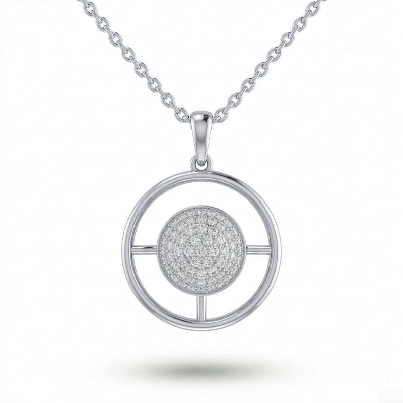 Silver Round Brilliant Orbixa Diamond Halo Disc Pendant Necklace With Pavé Setting