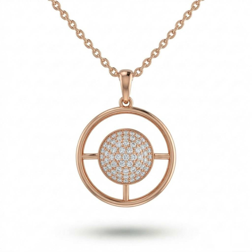 Rose Gold Round Brilliant Orbixa Diamond Halo Disc Pendant Necklace With Pavé Setting