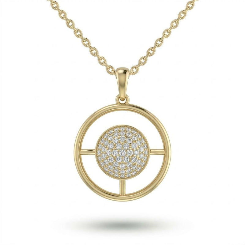 Yellow Gold Round Brilliant Orbixa Diamond Halo Disc Pendant Necklace With Pavé Setting