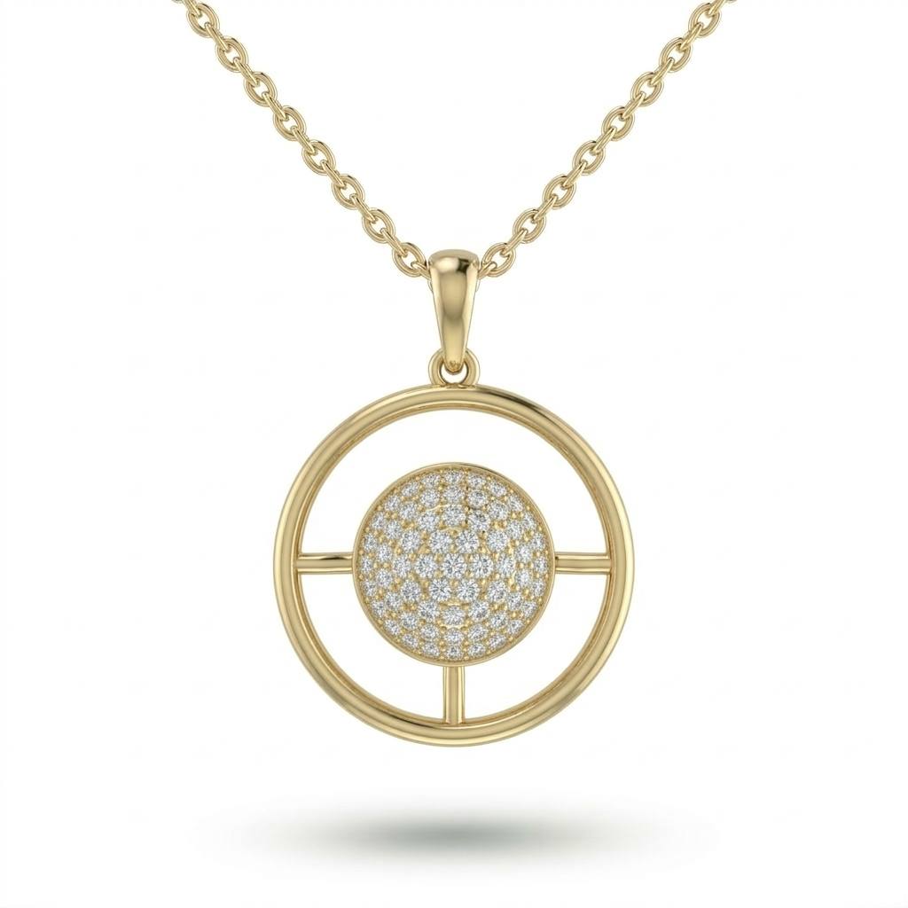 Yellow Gold Round Brilliant Orbixa Diamond Halo Disc Pendant Necklace With Pavé Setting