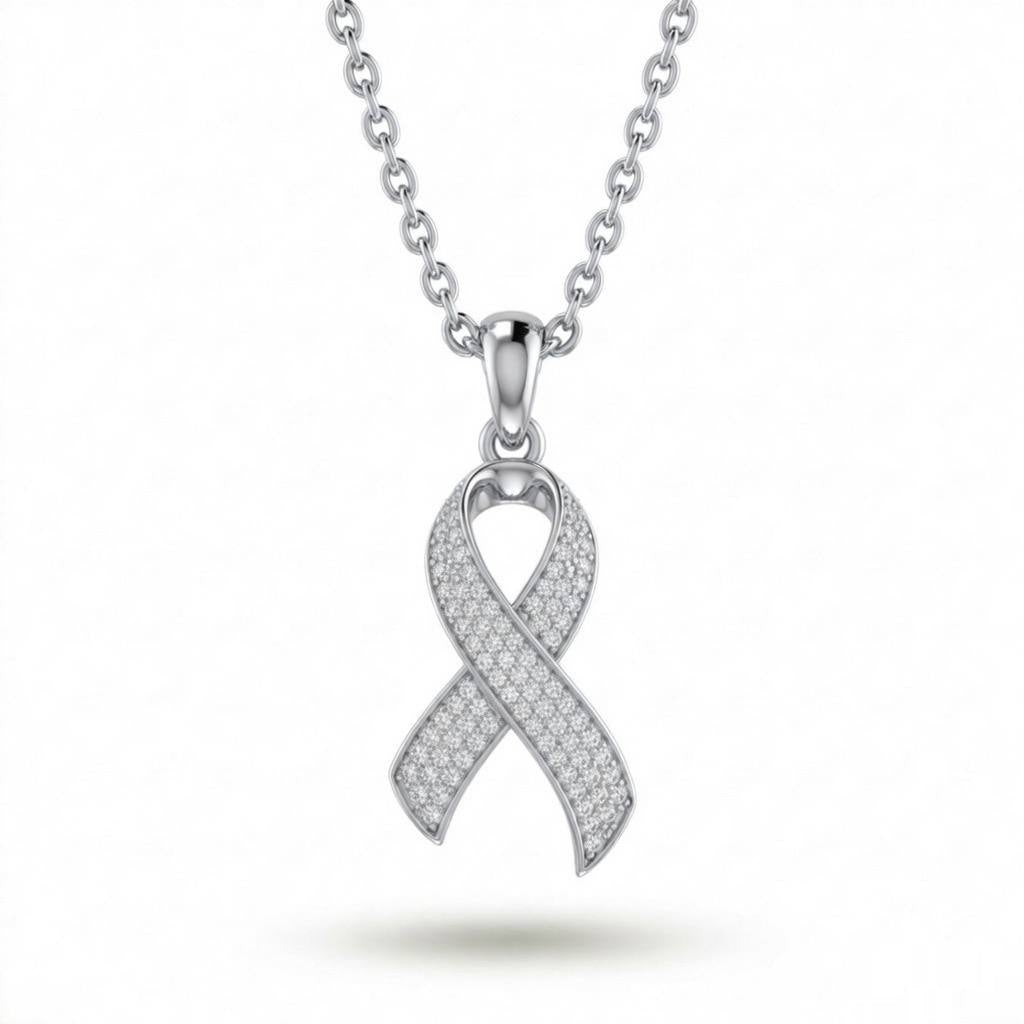 White Gold Round Brilliant Serenza Diamond Ribbon Pendant Necklace With Pavé Setting