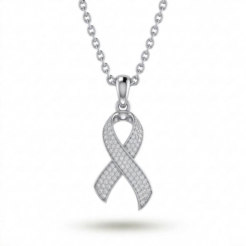 Silver Round Brilliant Serenza Diamond Ribbon Pendant Necklace With Pavé Setting