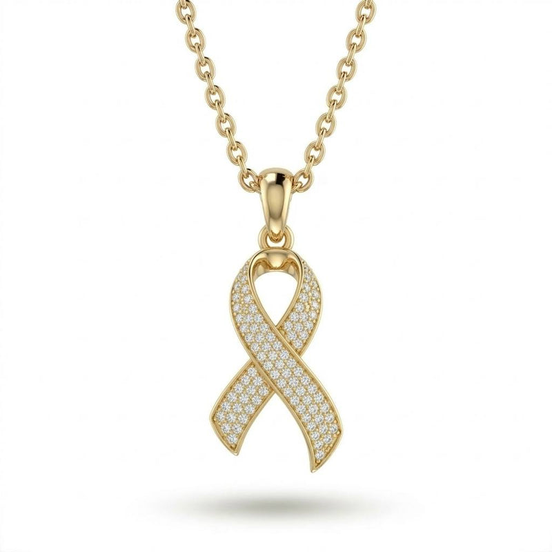 Yellow Gold Round Brilliant Serenza Diamond Ribbon Pendant Necklace With Pavé Setting