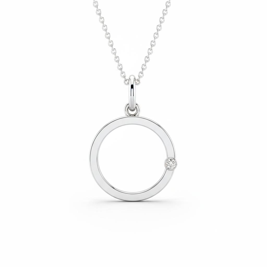 White Gold Round Brilliant Solvéra Diamond Circle Pendant Necklace With Bezel Setting