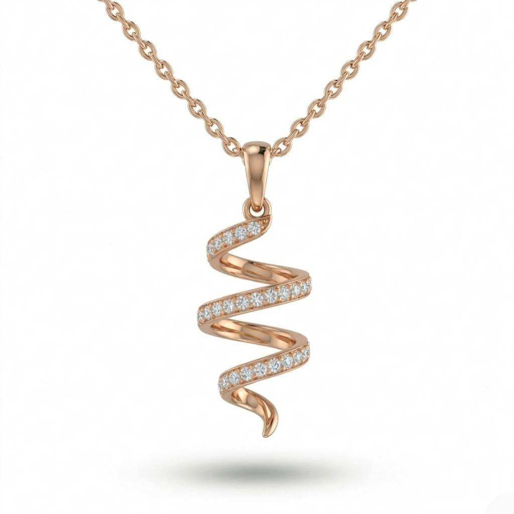 Rose Gold Round Brilliant Virexa Diamond Spiral Pendant Necklace With Pavé Setting