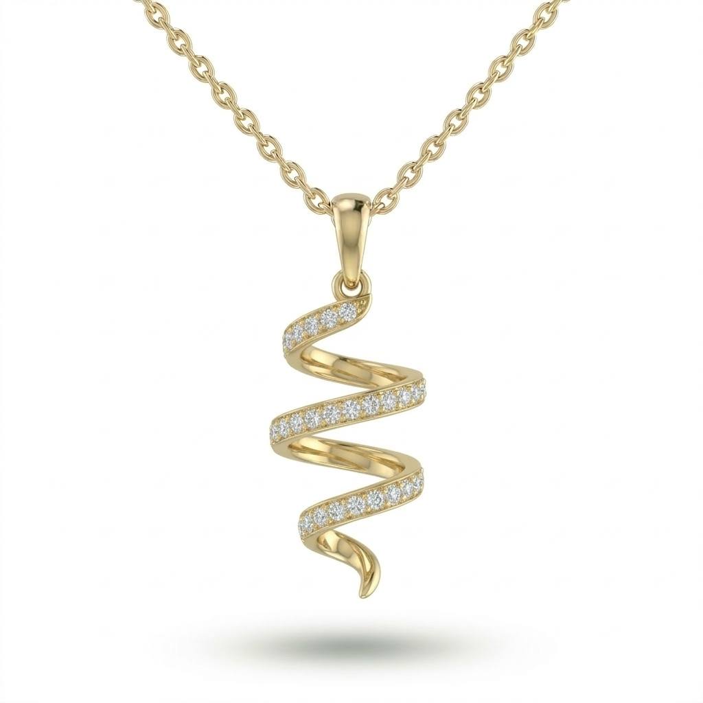 Yellow Gold Round Brilliant Virexa Diamond Spiral Pendant Necklace With Pavé Setting