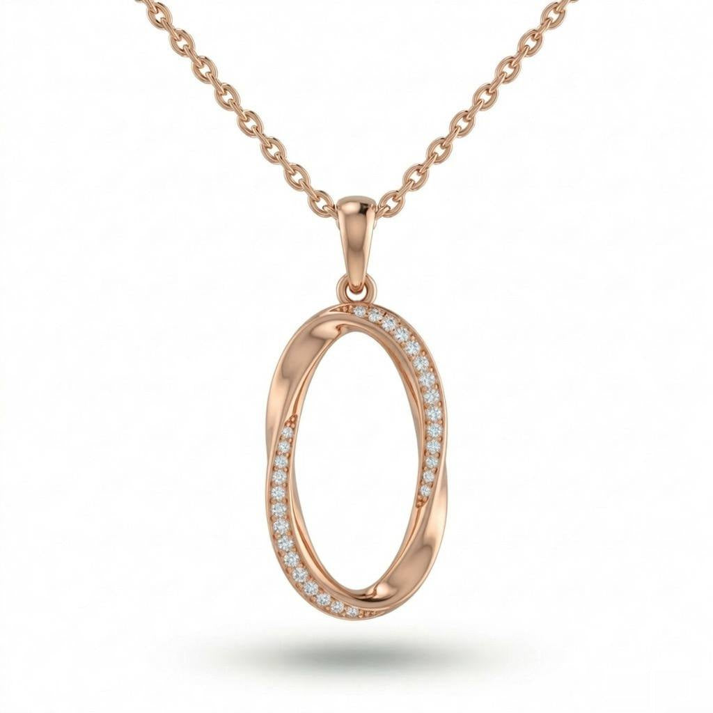 Rose Gold Round Brilliant Ovalisca Diamond Open Oval Pendant Necklace With Pavé Setting