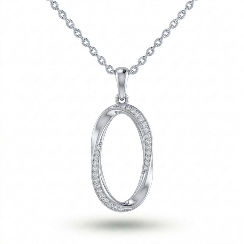 Silver Round Brilliant Ovalisca Diamond Open Oval Pendant Necklace With Pavé Setting