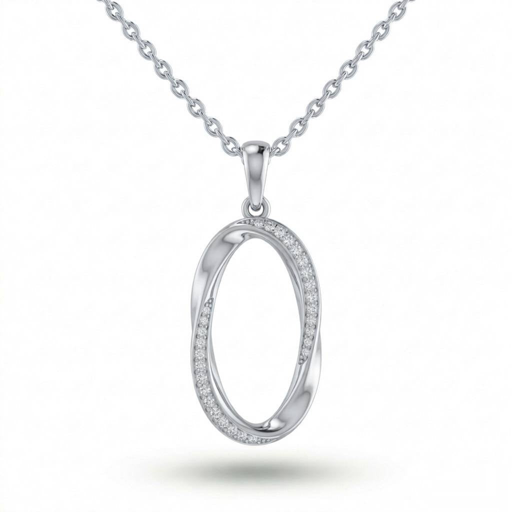 Silver Round Brilliant Ovalisca Diamond Open Oval Pendant Necklace With Pavé Setting