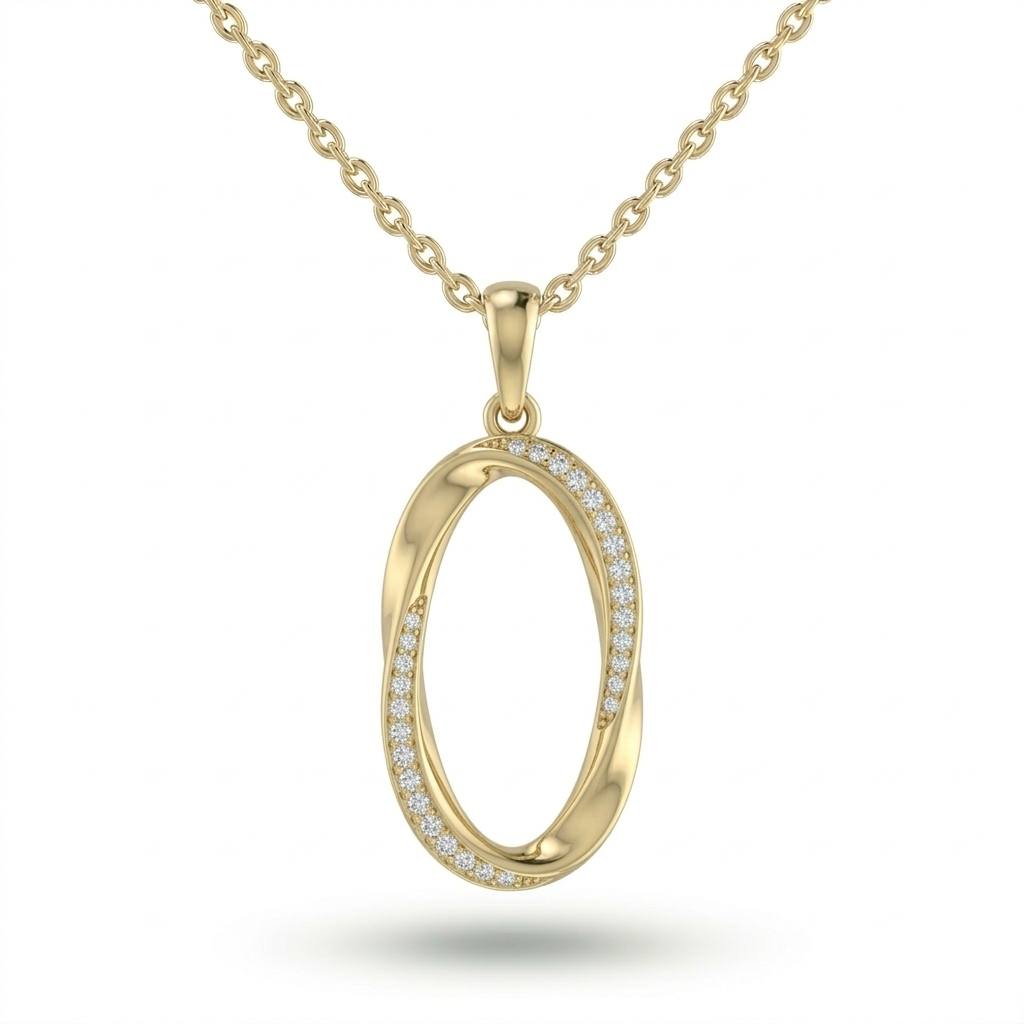 Yellow Gold Round Brilliant Ovalisca Diamond Open Oval Pendant Necklace With Pavé Setting