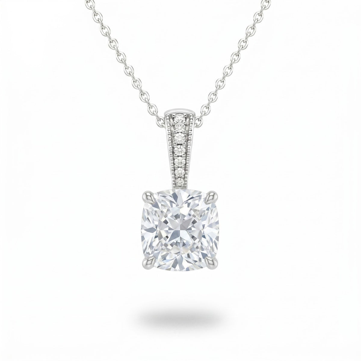 Silver Cushion Brilliant Zyvaris Diamond Solitaire Pendant Necklace With Classic Four Prong Setting