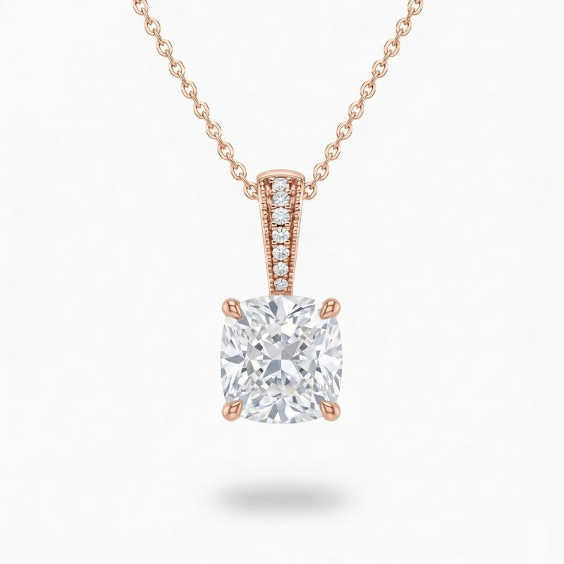 Rose Gold Cushion Brilliant Zyvaris Diamond Solitaire Pendant Necklace With Classic Four Prong Setting