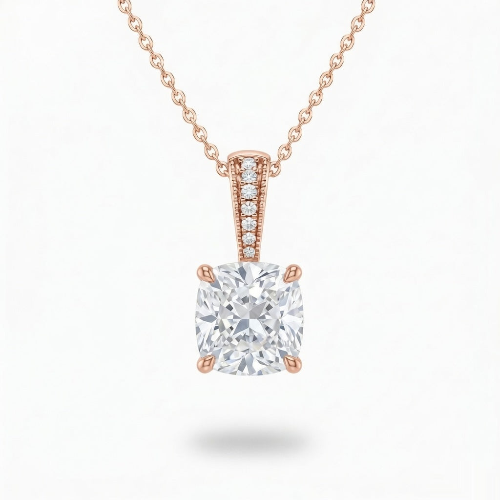Rose Gold Cushion Brilliant Zyvaris Diamond Solitaire Pendant Necklace With Classic Four Prong Setting