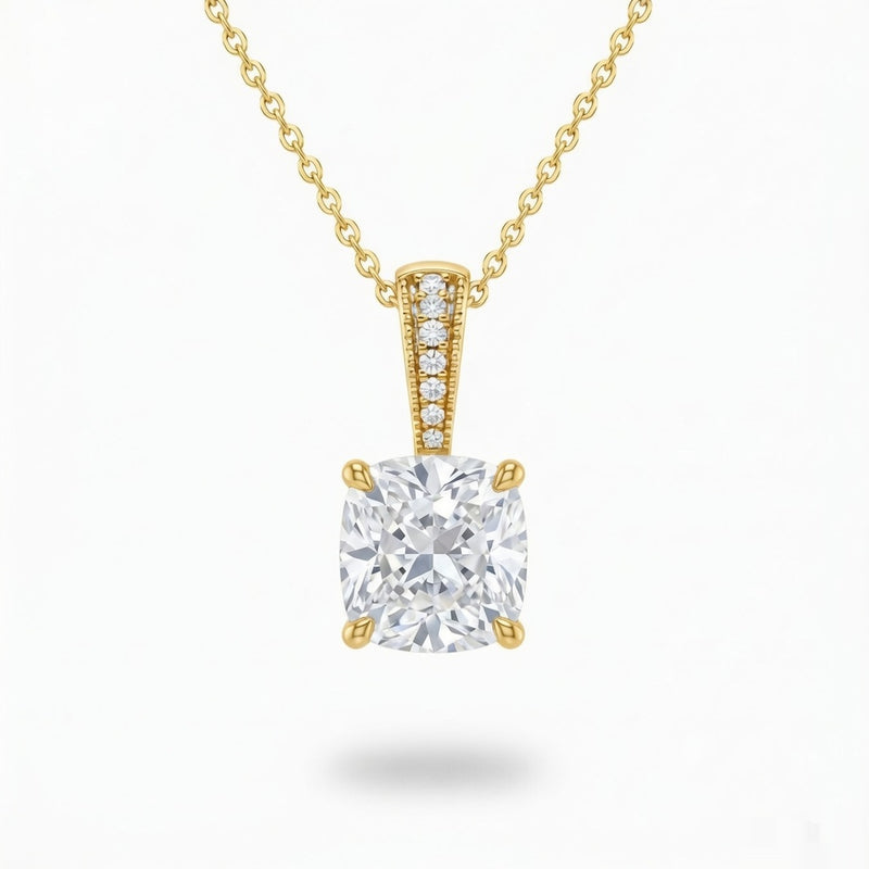 Yellow Gold Cushion Brilliant Zyvaris Diamond Solitaire Pendant Necklace With Classic Four Prong Setting
