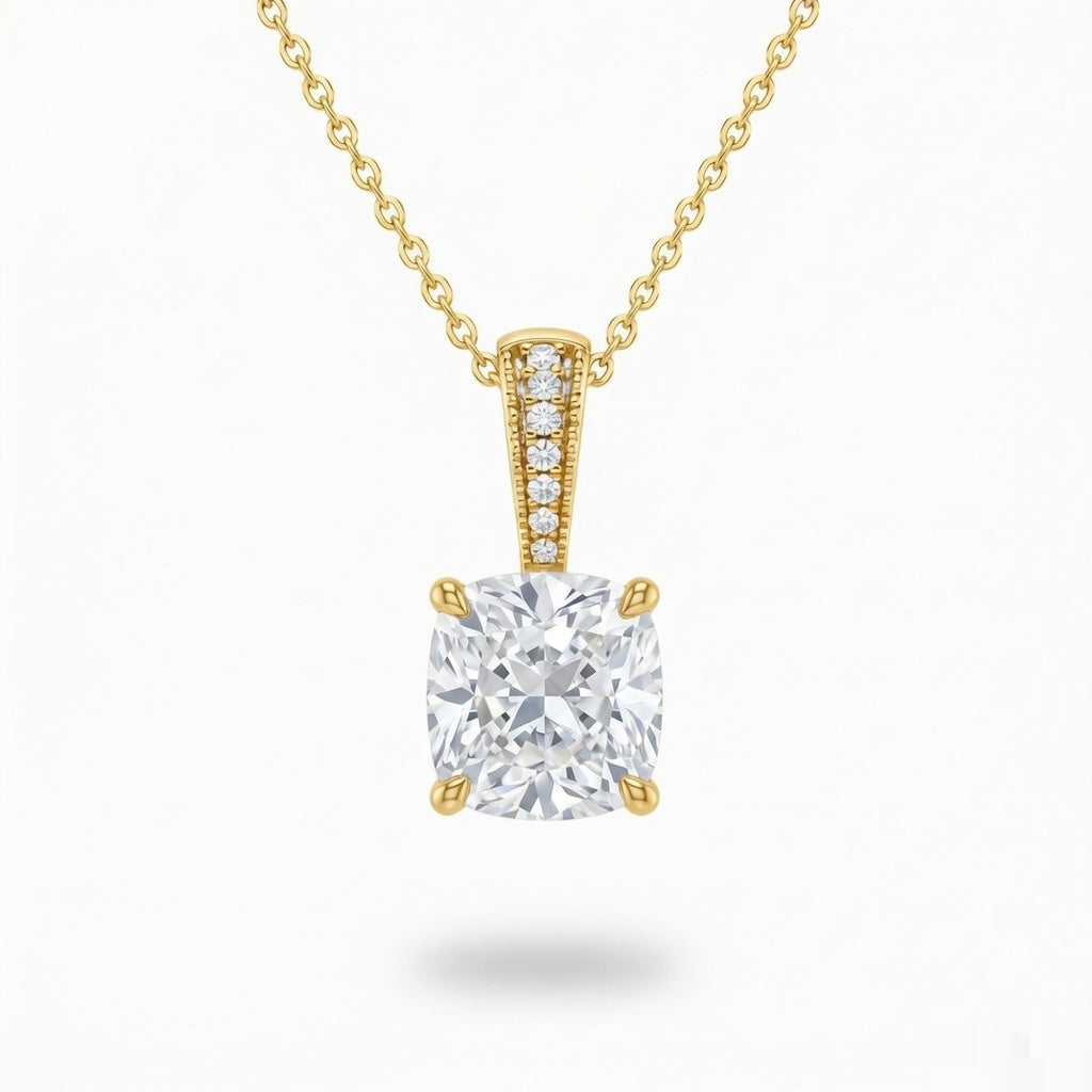 Yellow Gold Cushion Brilliant Zyvaris Diamond Solitaire Pendant Necklace With Classic Four Prong Setting