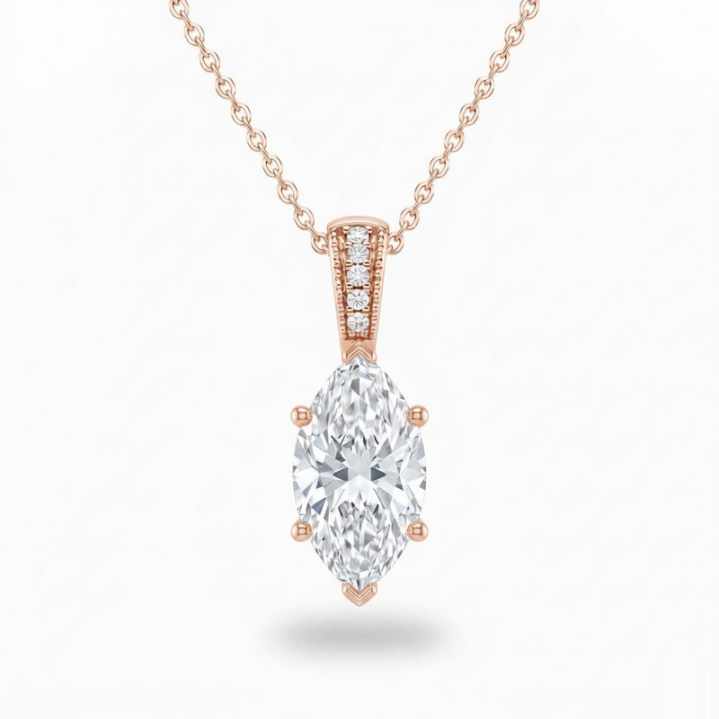Rose Gold Marquise Brilliant Zyvaris Diamond Solitaire Pendant Necklace With Classic Four Prong Setting