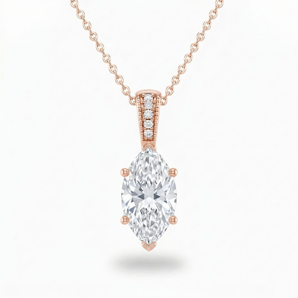 Rose Gold Marquise Brilliant Zyvaris Diamond Solitaire Pendant Necklace With Classic Four Prong Setting