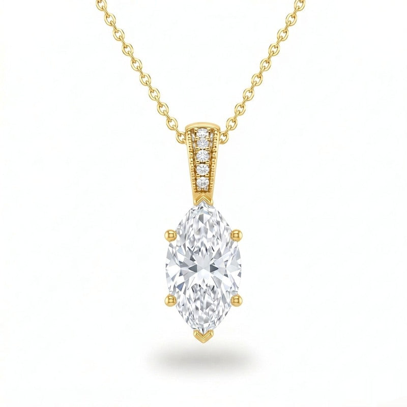 Yellow Gold Marquise Brilliant Zyvaris Diamond Solitaire Pendant Necklace With Classic Four Prong Setting