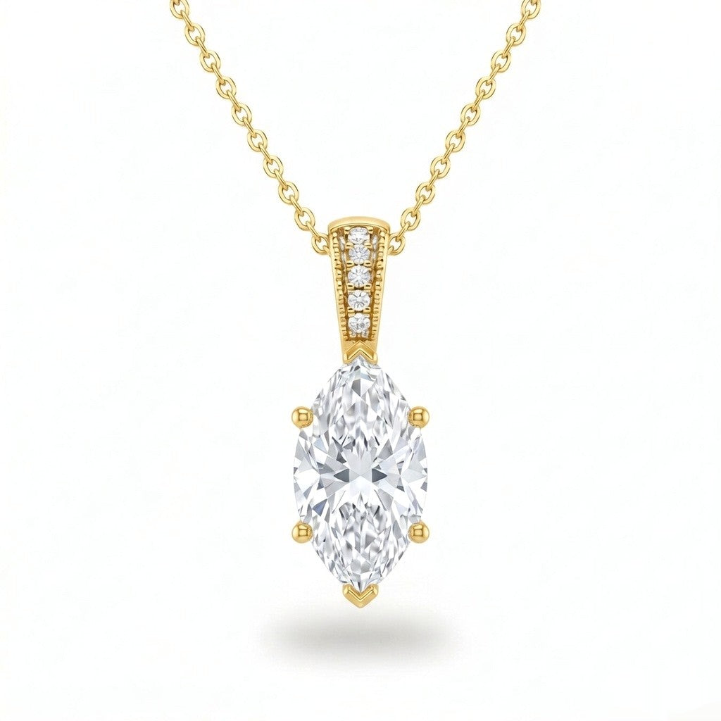 Yellow Gold Marquise Brilliant Zyvaris Diamond Solitaire Pendant Necklace With Classic Four Prong Setting