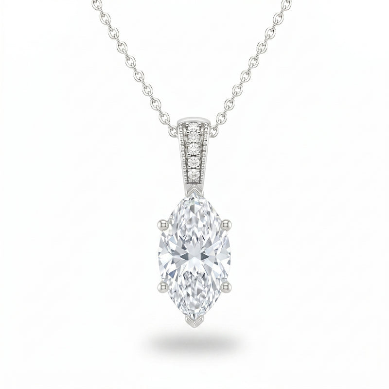 Silver Marquise Brilliant Zyvaris Diamond Solitaire Pendant Necklace With Classic Four Prong Setting