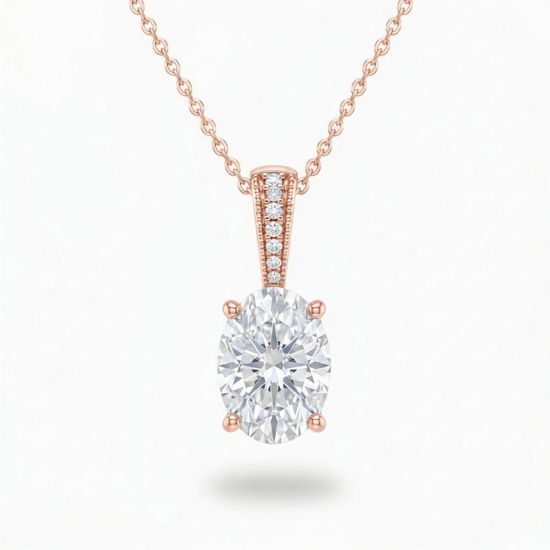 Rose Gold Oval Brilliant Zyvaris Diamond Solitaire Pendant Necklace With Classic Four Prong Setting