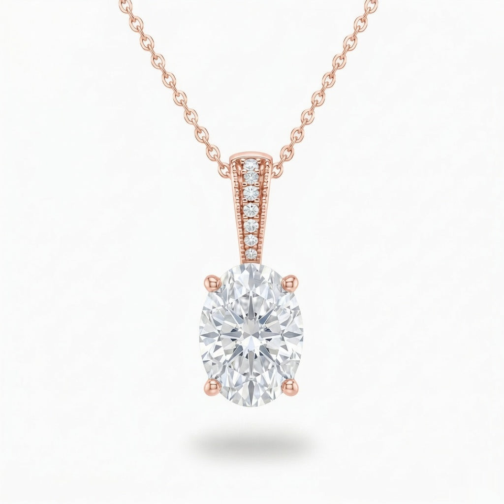 Rose Gold Oval Brilliant Zyvaris Diamond Solitaire Pendant Necklace With Classic Four Prong Setting