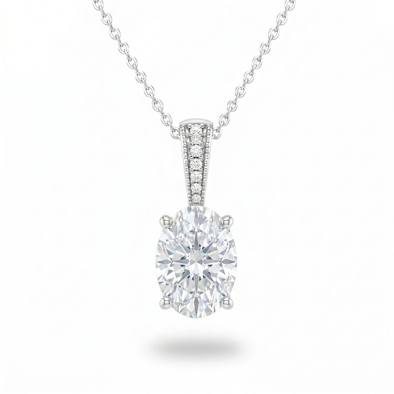 Silver Oval Brilliant Zyvaris Diamond Solitaire Pendant Necklace With Classic Four Prong Setting