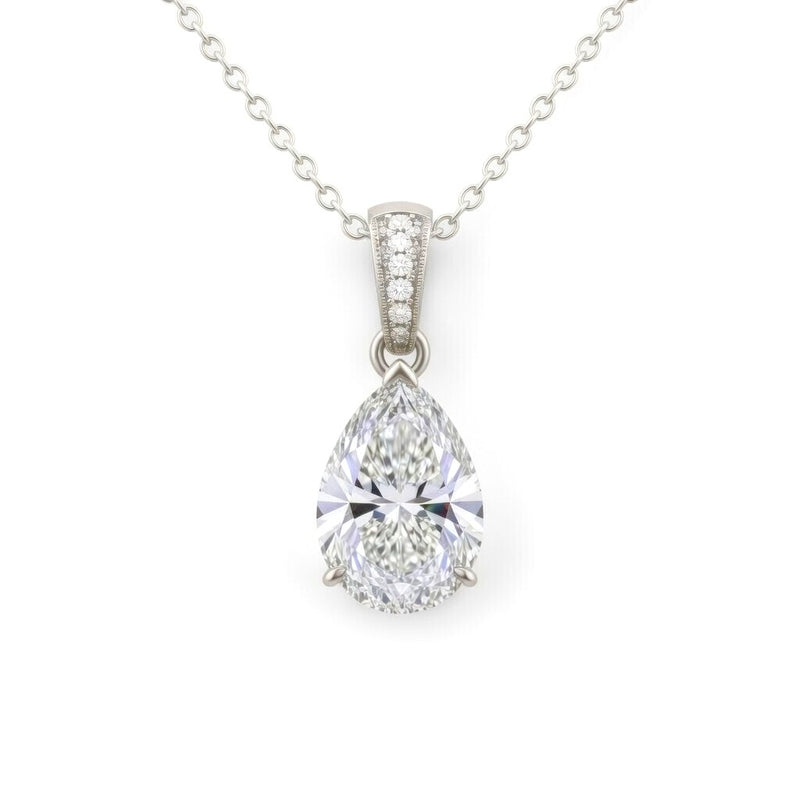 White Gold Pear Brilliant Zyvaris Diamond Solitaire Pendant Necklace With Classic Four Prong Setting